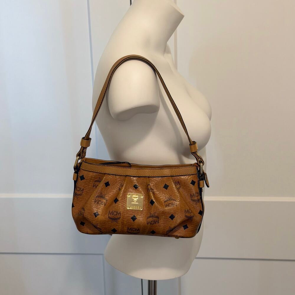 MCM Visetos Cognac Coated Canvas Shoulder Bag – Classic Monogram Mini Hobo Bag